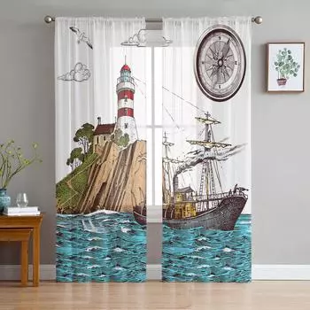 Retro Illustration Lighthouse Sailing Ship Sheer Curtains for Living Room Decor Window Curtains Kitchen Tulle Voile Curtains W135 x H115cm x1