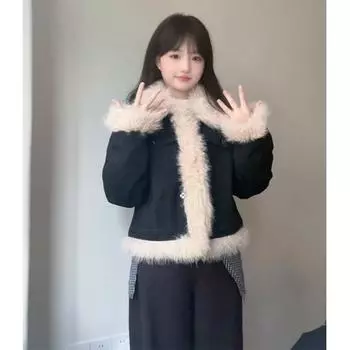 Ретро иностранный стиль воротник для волос джинсовая хлопковая подбитая одежда женская зимняя супер красивая подбитая куртка пирог преодоление S чёрный