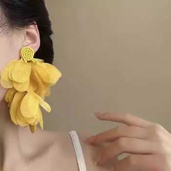 Retro Inspired Chiffon Flower Drop Earrings Colorful Beaded Ear Rings Handmade Retro Fashion Accessories for Women