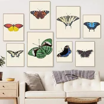Ретро-искусство Красочная бабочка Холст Картина Настенная художественная книга Животное Наука и образование Плакат Коридор Украшение дома Фреска Без рамки 21*30cm