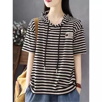 Ретро-искусство Лето Тонкий женский с капюшоном короткий рукав футболка Женский свободный повседневный полосатый топ модный L