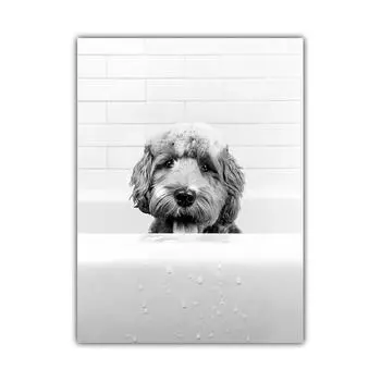 Ретро-искусство ванная комната животное холст картина смешная собака котенок ванная комната настенное искусство постер коридор украшение дома фреска без рамки 21*30cm No Frame