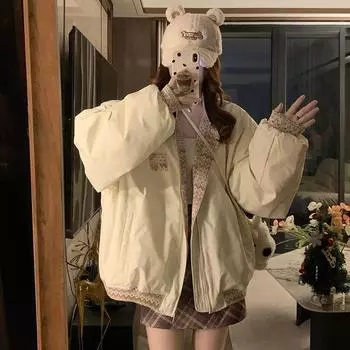 Retro jacquard splicing cotton clothes women s winter 2024 new design sense loose baseball clothes thickened warm cotton-padded jacket S