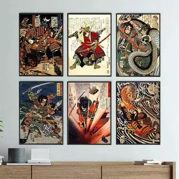 Retro Japanese Samurai Painting Canvas Poster Wall Art Pictures for Living Room Boy Bedroom Bar Club Modern Home Decor Gift 21cm30cm NoFrame