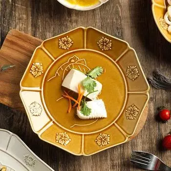 Retro Japanese Style Ceramic Plates Exquisite Relief Soup Bowls Delicious Dishes Dining Plate High End Household Tableware