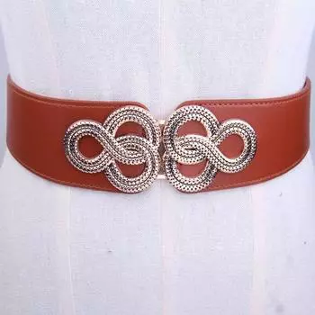 Ретро Эластичный Пояс Женский Узкий Простой Китайский Комбинация Золотая Пряжка Эластичный, Платье Эластичный Широкий Пояс-Печать коричневый