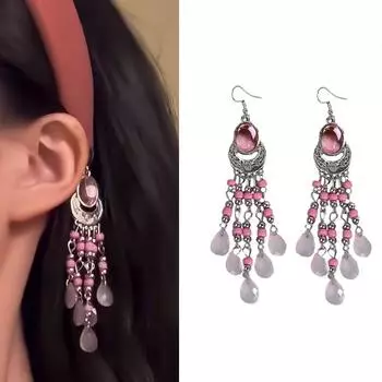Ретро Этнический Стиль Розовые Серьги с Бахромой, Высококлассные Милые Серьги, Акриловые Длинные Украшения в Виде Капель Воды для Женщин