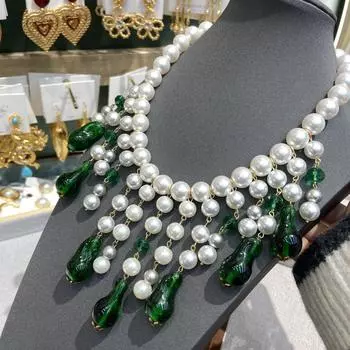 Ретро-капля воды, зеленая глазурованная подвеска, длинное жемчужное ожерелье с бахромой, дизайн цепочки на шею, преувеличенный дизайн, модная цепочка для свитера