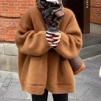 Ретро-кардиган с карманом, куртка женская 2024 года, осень-зима, новая свободная верхняя одежда для ленивого ветра, трикотажный кардиган, топ One Size