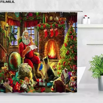 Ретро картина маслом Рождественские занавески для душа Санта-Клаус Гирлянда Рождественская елка Винтаж Камин Новогодний декор Набор занавесок для ванной комнаты 90x180cm-35x70in