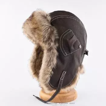 Ретро-кепка Merad Leather Lei Feng для мужчин и женщин, зимняя утолщенная теплая защита ушей, большая окружность головы, пилотская шапка L56-59cm чёрный