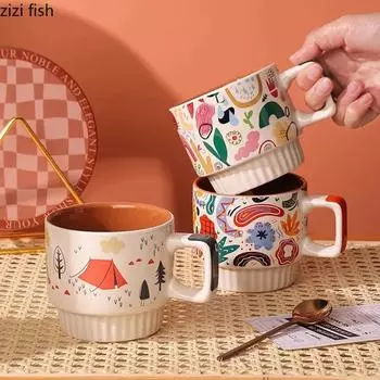 Ретро керамическая кружка с рисунком от руки кружка для кофе чашка для чая с молоком мультяшные чашки для сока домашние чашки для завтрака парные чашки для воды 320ML