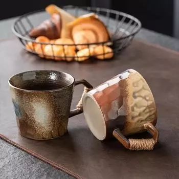 Ретро-керамика в японском стиле, выточенная в печи, большая кофейная чашка, простая, творческая, с пеньковой веревкой, кружка ручной работы 380ML грязно-белый