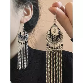 Ретро Кисточка Длинные Женские Фантазийные Клипсы для Ушей Аксессуары 3620B Black Pattern Drop Bell Su Spiral Ear Clip