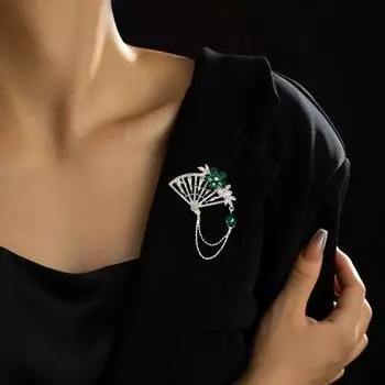 Ретро кисточка-веер, брошь, булавка, блестящие стразы, инкрустированный значок, костюм, лацкан, шаль, шарф, значок, вечерние аксессуары для вечерней одежды зелёный