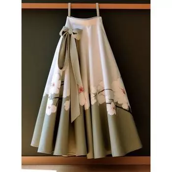 Ретро китайская цветная юбка с принтом ханьфу, женская весенняя модная универсальная складная свободная юбка средней длины M зелёный