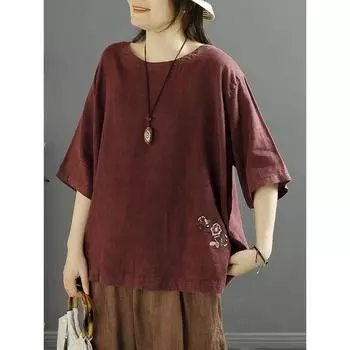 Ретро китайский этнический стиль вышитая однотонная футболка с короткими рукавами для женщин летом свободный круглый вырез простой топ свободного кроя M чёрный