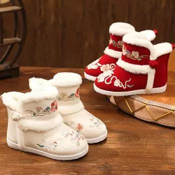 Ретро-китайский стиль для девочек обувь ханьфу зимние бархатные новые старинные детские вышитые теплые утолщенные детские ботинки 25 inner length 15.3cm красный