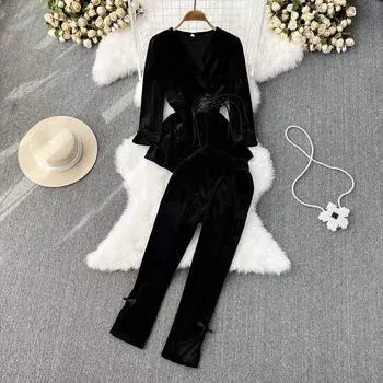 Ретро китайский стиль с v-образным вырезом на талии, золотой бархатный топ, повседневные брюки с высокой талией, маленькие брюки, модный женский костюм