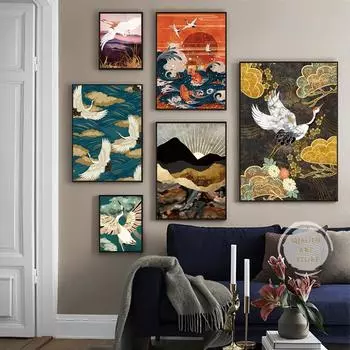 Ретро китайский стиль Золотой Летающий Журавль Абстрактное Солнце Животное Холст Картина Птицы Плакаты Отпечатки Настенная Картина для Гостиной 21x30 No Frame