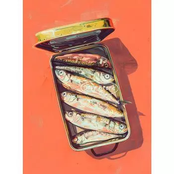 Retro Kitchen Food Sardines Fish Poster Print Canvas Painting Sardines Tin Trendy Seafood Wall Art Picture for Dining Room Decor 21cm30cm NoFrame