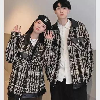 Ретро клетчатая куртка из ткани: Унисекс Осень/Зима Свободный Покрой Американский Стиль M чёрный