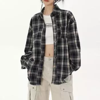 Ретро клетчатая весенняя универсальная женская рубашка повседневная женская блузка с длинными рукавами американский свободный топ с лацканами M синий