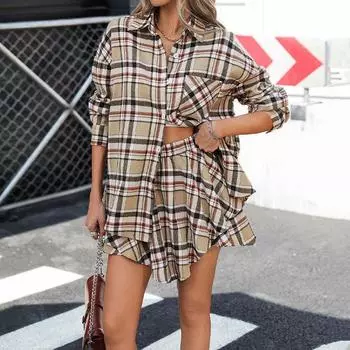 Ретро клетчатые шорты, комплект юбки, повседневная рубашка с лацканами и кардиган, комплект из двух предметов для женщин S