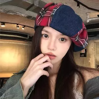 Ретро клетчатый берет женский летний нишевый большой окружность головы литературный художник шляпа показывающая лицо маленькая шляпа облако M (56-58cm) plaid beret красный
