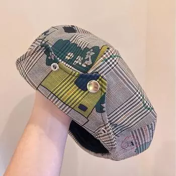 Ретро клетчатый берет женский весенний тонкий художник темперамент модель показывает лицо маленькая мода универсальная шляпа прилив M56-58cm серый