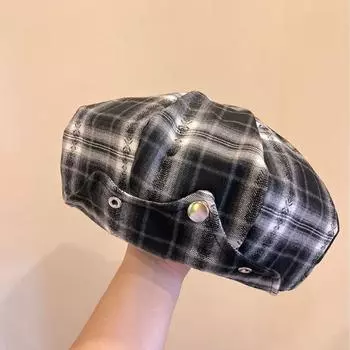 Ретро клетчатый берет женский весенний тонкий художник темперамент модель показывает лицо маленькая мода универсальная шляпа прилив M56-58cm чёрный