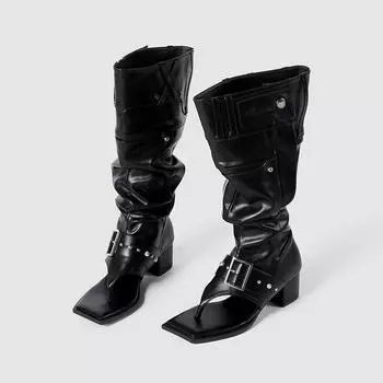 Retro knight boots Spice girls but knee boots big tube circumference spring square head thick heel toes thin pile boots women 35