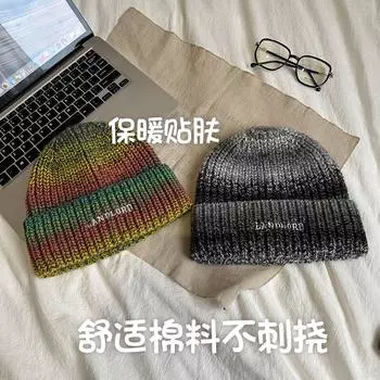 Retro knitted hat women s big head circumference wool hat women s autumn and winter versatile warm couple gradual change pullover tide Elasticity чёрный
