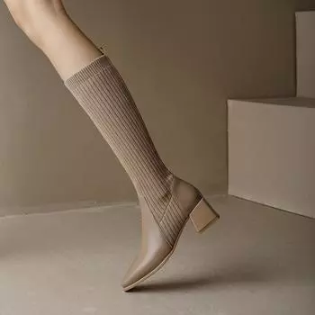 Retro knitted wool elastic thin boots women s knee high thick heel socks boots long boots spring and autumn single boots 35 абрикосовый