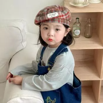 Ретро контрастного цвета клетчатая детская шляпа литературные и художественные мужчины и женщины носят бирки с буквами фуражка берет Suggestion: 2-6 years old/48-52cm