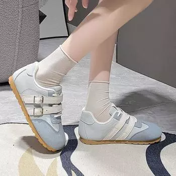 Ретро контрастного цвета кожаная поверхность немецкие кроссовки женские осень-зима 2024 новые повседневные дышащие маленькие белые туфли на плоской подошве мягкие 35 синий