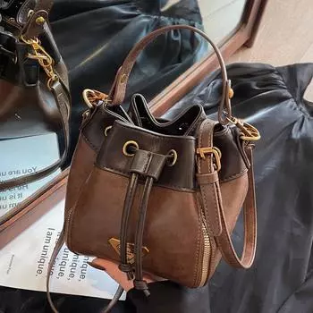 Ретро контрастного цвета женская сумка-ведро дизайн сумки-ведра высокого класса сумка-мессенджер через плечо сумка коричневый