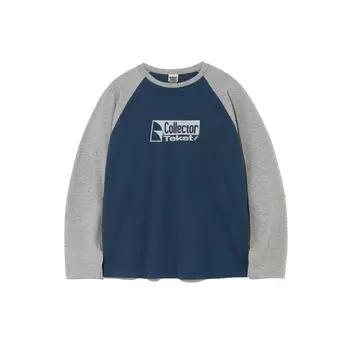 Ретро Контрастный Цвет Длинный Рукав Свободная Хлопковая Мужская и Женская Футболка In stock, Blue((No sanding quality)) M