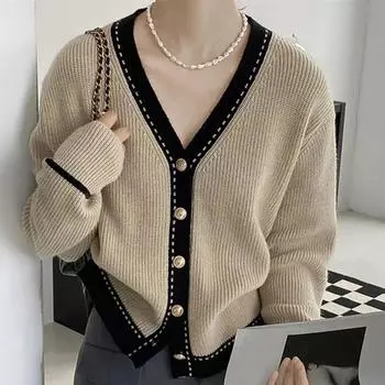 Ретро контрастный кардиган с v-образным вырезом, женский свитер на осень и зиму 2023, женский свитер, свободная верхняя одежда, кардиган, женский топ One Size чёрный