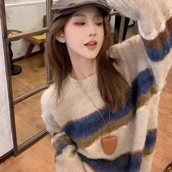 Ретро контрастный полосатый свитер женский осень и зима мягкий восковой ленивый смысл 2024 новый свободный вязаный свитер топ модный S