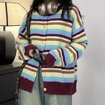 Ретро контрастный полосатый вязаный свитер, кардиган, женское пальто, осенний женский ленивый свободный свитер с круглым вырезом, кардиган, женский топ