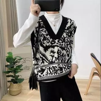 Ретро контрастный жаккардовый тотем V-образный вырез вязаный жилет женский черно-белый пэчворк вязаный пуловер свободный повседневный тонкий свитер осень S чёрный