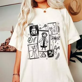 Ретро Коралина Фильм Коралина Кукольные мечты Принт Ретро Стиль Уличный короткий рукав Мода O-образный вырез Универсальный уличный топ Свободные футболки Женские S