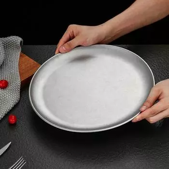 Ретро корейский поднос для хранения продуктов из нержавеющей стали, круглая тарелка для фруктов, торта, стейка, декоративные неглубокие блюда, кухонный органайзер