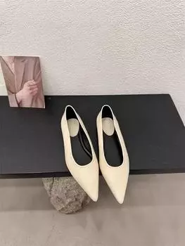 Ретро коричневые туфли-лодочки женские 202 новые на плоском каблуке с открытым верхом, модные универсальные туфли на плоской подошве 35 бежевый