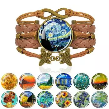 Ретро коричневый браслет Ван Гог Звездная ночь Картина браслет Подсолнух Тибет Стекло Браслет с кабошоном для мужчин женщин ювелирные изделия