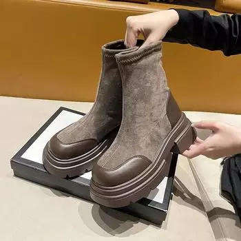 Ретро короткие ботинки женские осенние круглые носки противоскользящие новые стильные толстые подошвы удобные износостойкие ботильоны эластичные ботинки 35 чёрный