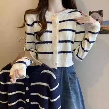 Ретро короткий полосатый вязаный кардиган, женский осенний свитер с напуском, корейский вязаный свитер с круглым вырезом и длинными рукавами, кардиган, женский