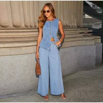 Ретро костюм женский весна-лето 2025 однотонный джинсовый жилет без рукавов с высокой талией широкие брюки комплект из двух предметов женская одежда S чёрный