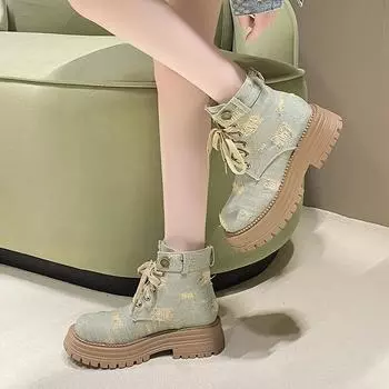 Ретро ковбойские ботинки Martin, женская мода, универсальные короткие ботинки в британском стиле, классные ботинки на толстой подошве 35 небесно-голубой